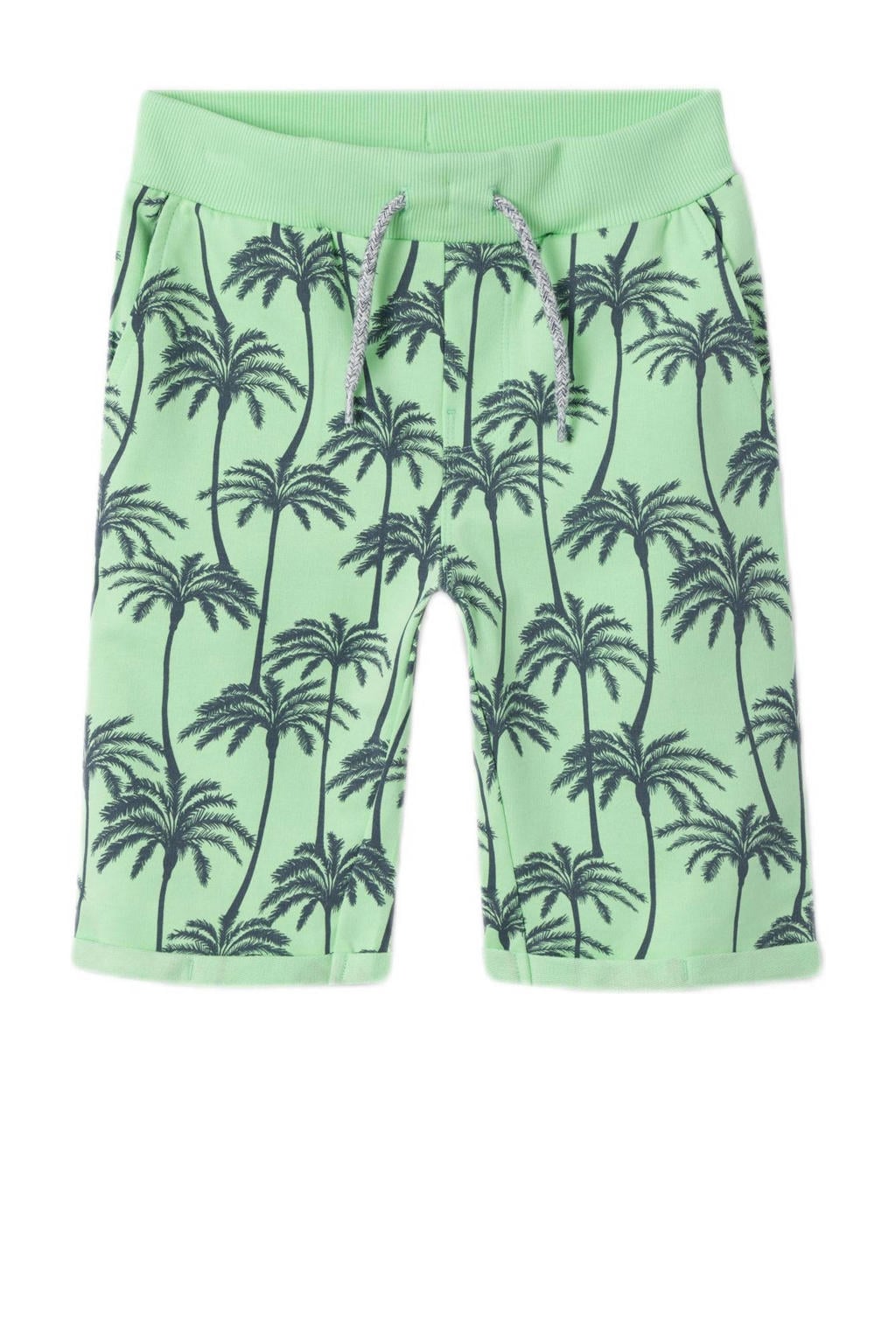 Groene jongens NAME IT KIDS short van sweat materiaal met regular waist, elastische tailleband met koord en bladprint