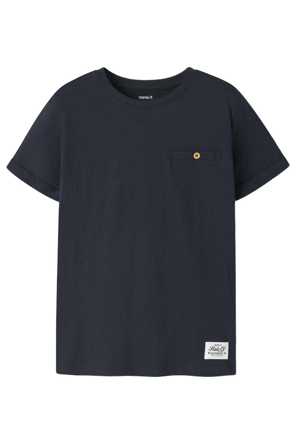 Donkerblauwe jongens NAME IT KIDS T-shirt van katoen met effen, korte mouwen en ronde hals