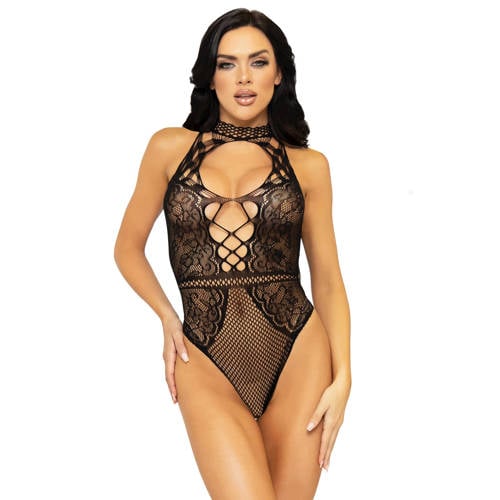 Leg Avenue fishnet halter stringbody zwart afbeelding
