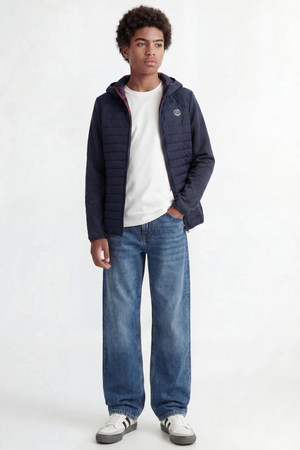 Donkerblauwe jongens JACK & JONES JUNIOR gewatteerde tussenjas van polyester met effen, lange mouwen, capuchon, ritssluiting en quilted