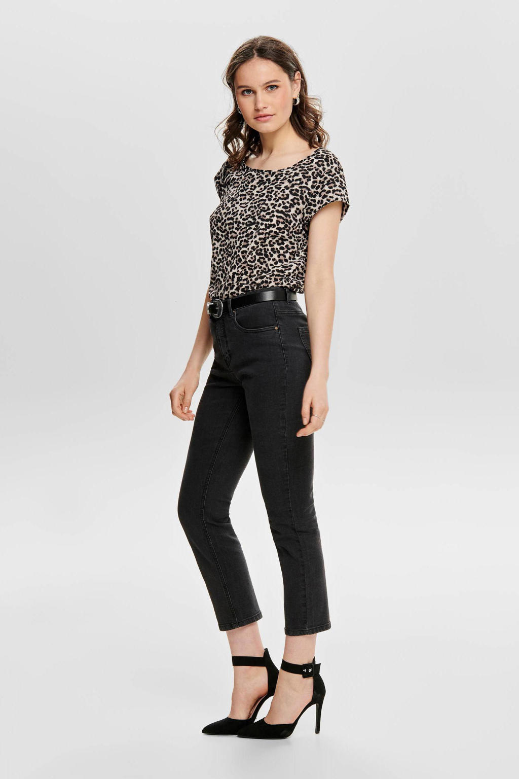 ONLY top met panterprint ONLVIC zand/ zwart