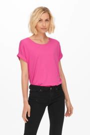 thumbnail: Roségouden dames ONLY top van viscose met effen, korte mouwen, ronde hals en omslagdetail