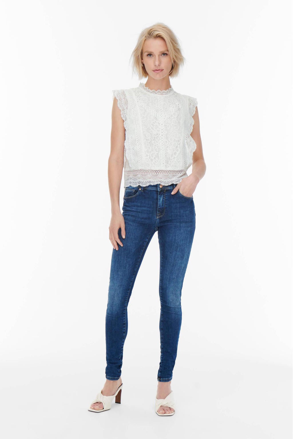 Witte dames ONLY semi-transparante kanten top met effen, blinde ritssluiting en borduursels