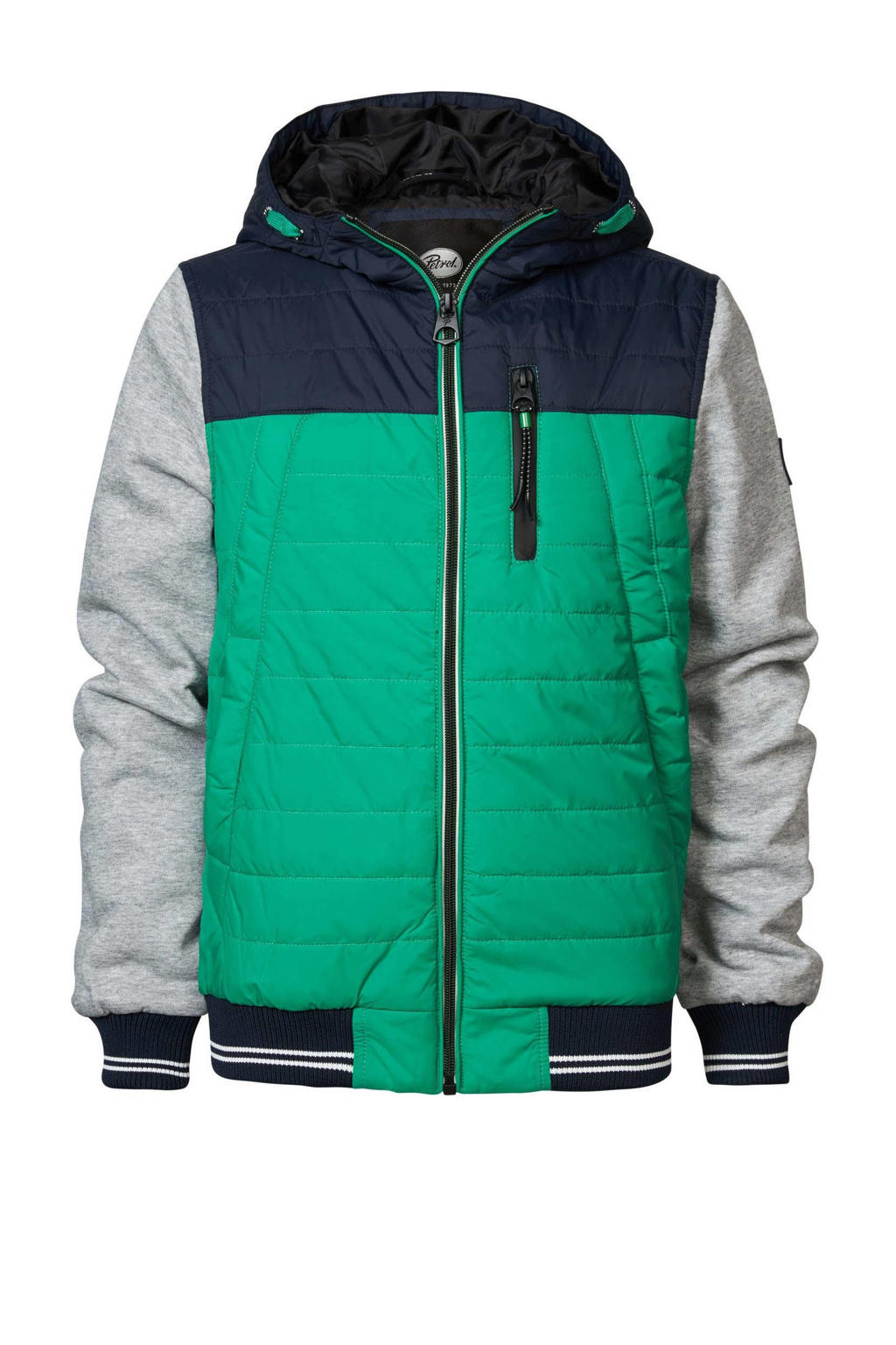 Groen, grijs en donkerblauwe jongens Petrol Industries zomerjas van nylon met meerkleurige print, lange mouwen, capuchon, ritssluiting en elastische boord