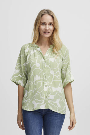 blouse FRKAY met all over print en plooien groen/wit