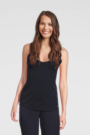 top Mirai van travelstof met open rug donkerblauw