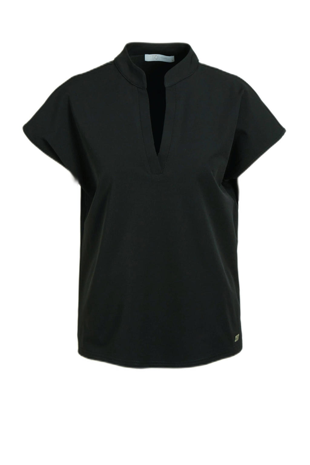 Zwarte dames TQ-Amsterdam blousetop Stella van travelstof met korte mouwen en mao kraag