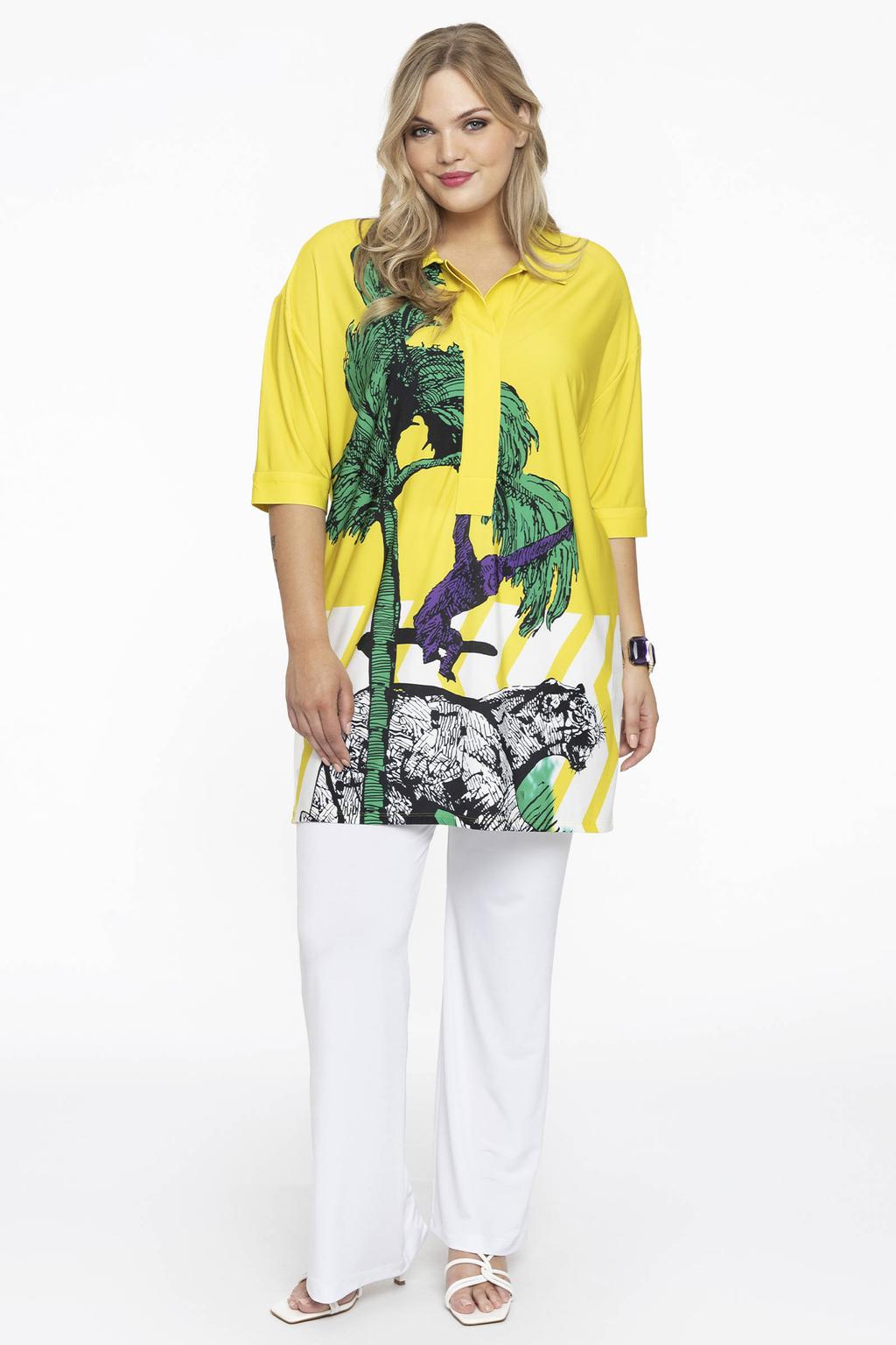 YOEK tuniek van travelstof DOLCE met all over print geel/groen/wit