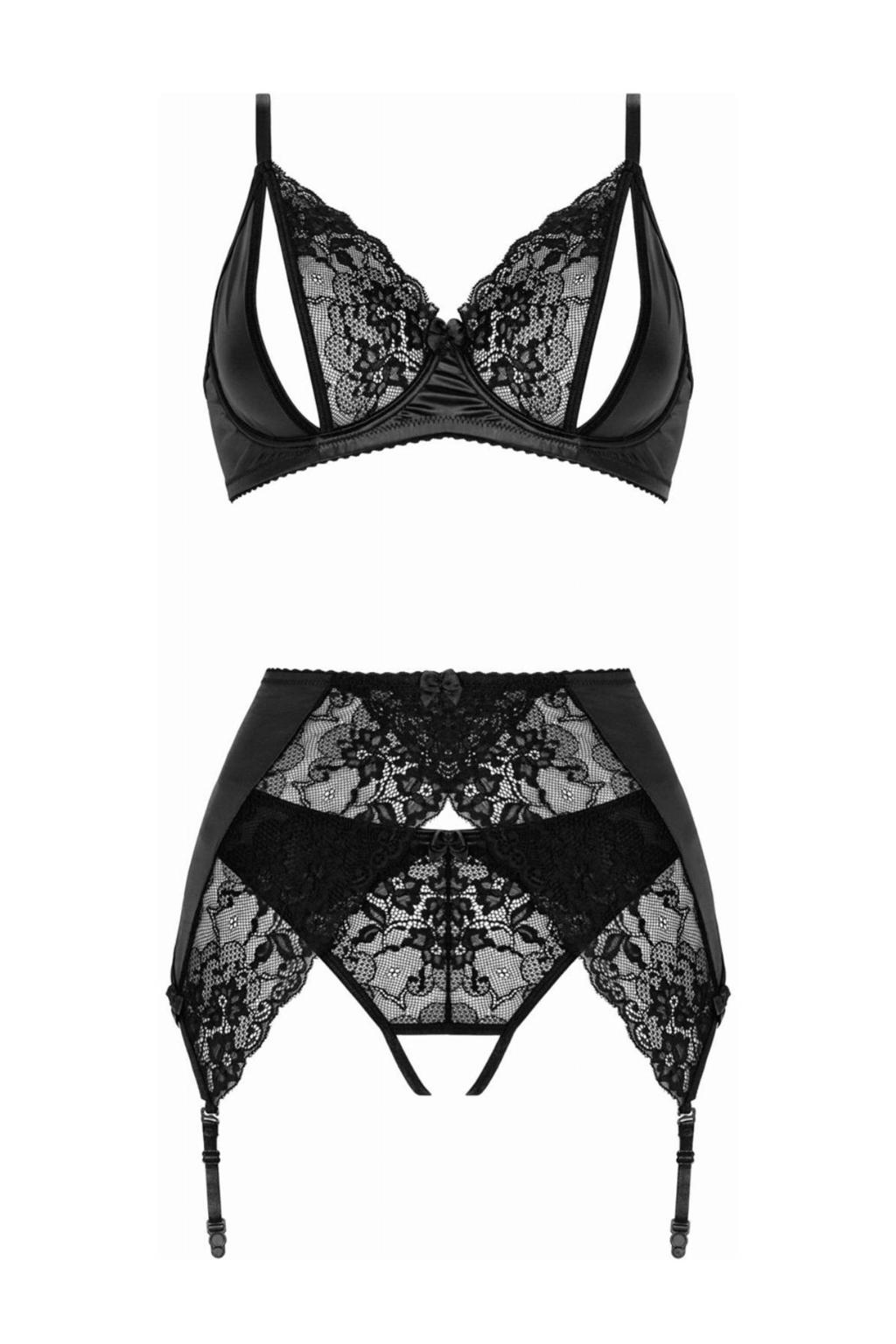 Christine le Duc wetlook beugelbh met jarretel en string met open kruis ...