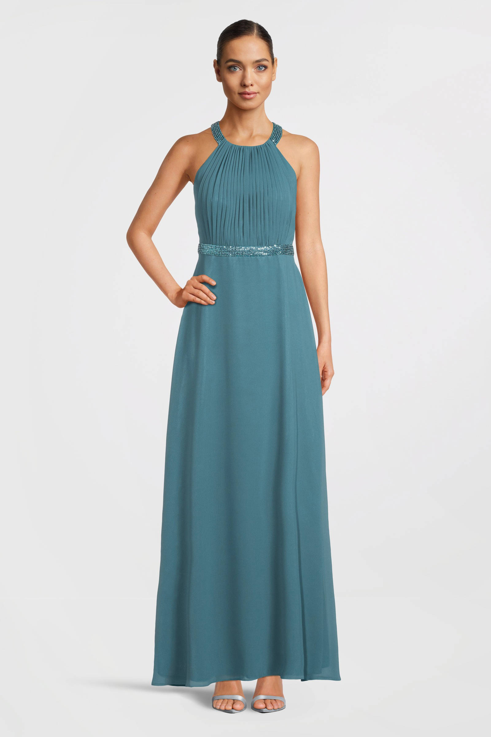 Vera Mont halter maxi jurk met pailletten turquoise wehkamp