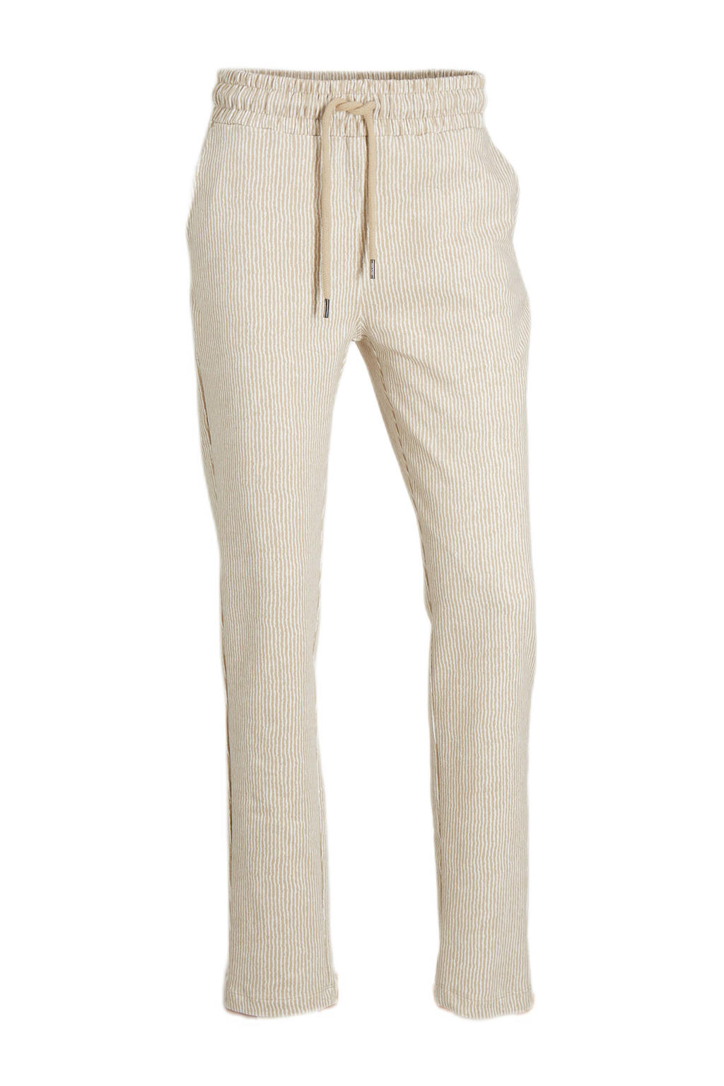 Zandkleurige dames Moscow gestreepte straight fit broek 111A-02-Sunny gemaakt van katoen en met elastische tailleband met koord