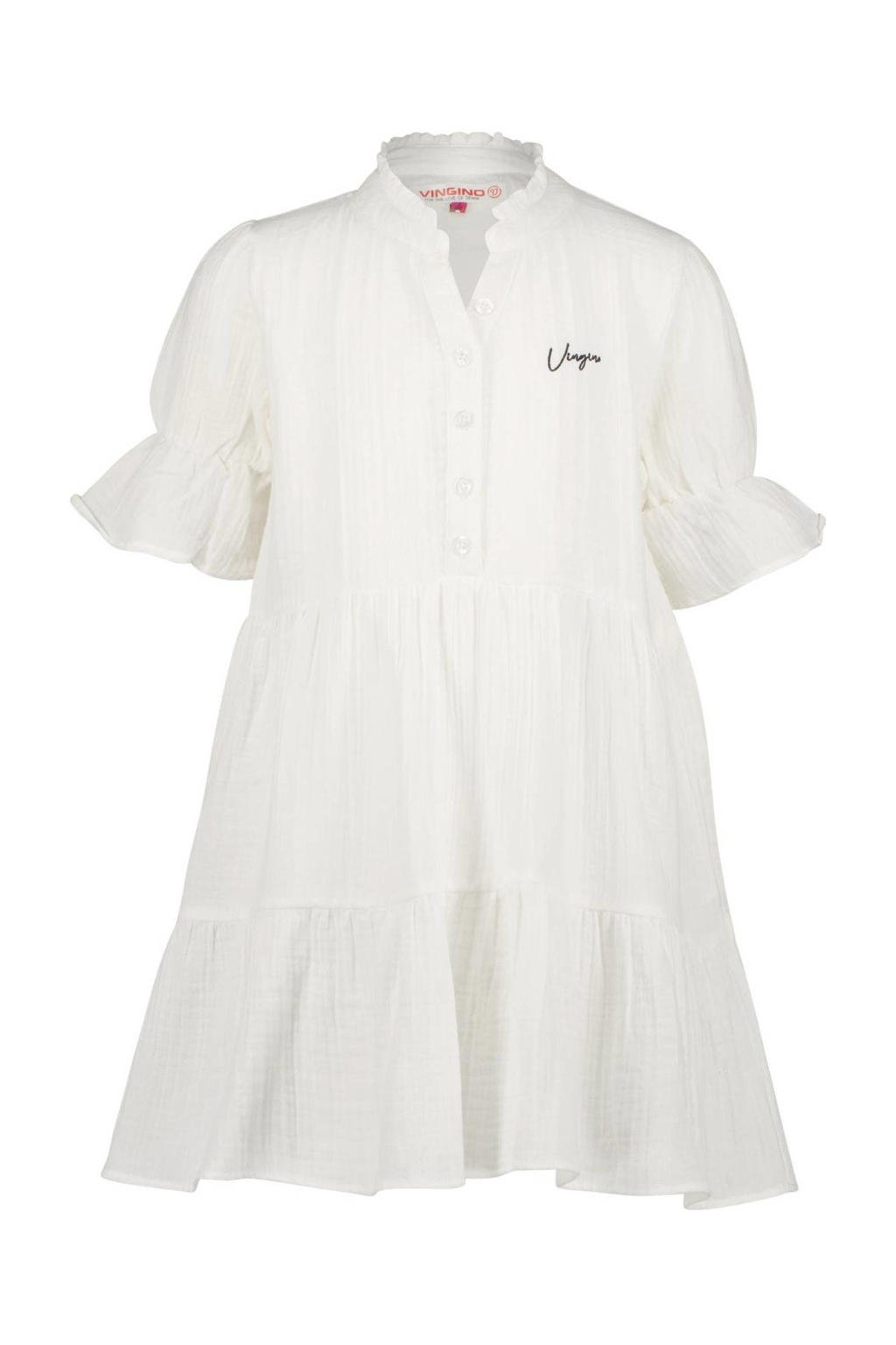 Witte meisjes Vingino jurk van katoen met korte mouwen, V-hals en knoopsluiting