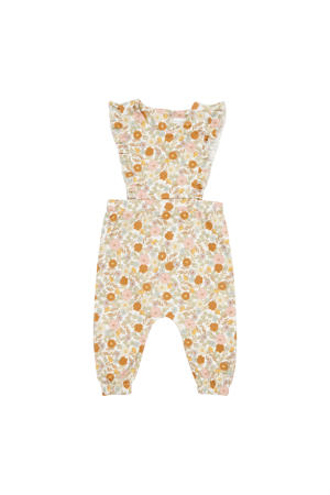 babygebloemde regular fit tuinbroek met biologisch katoen ecru/bruin/roze/groen