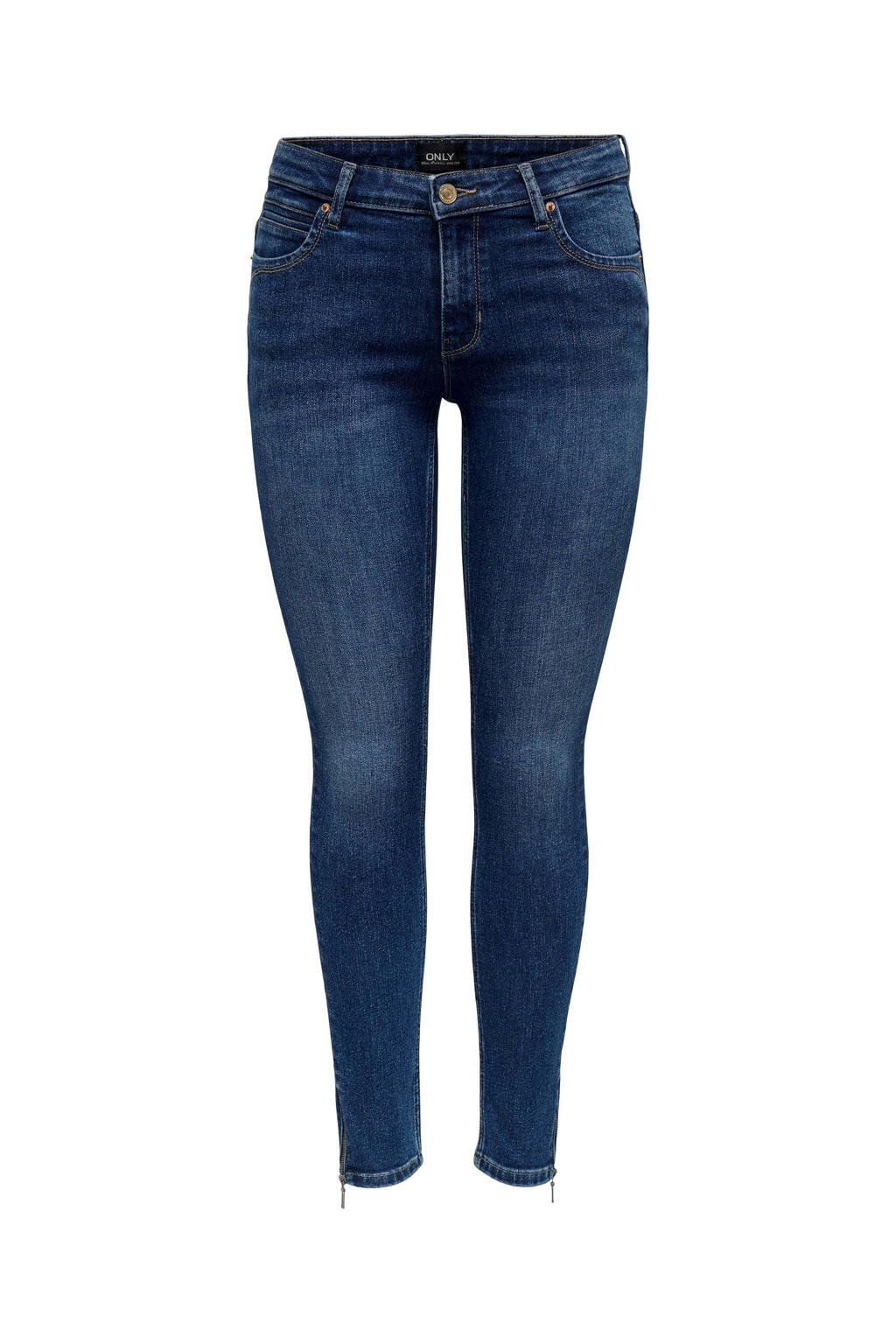 Donkerblauwe dames ONLY skinny jeans van stretchdenim met regular waist en rits- en knoopsluiting