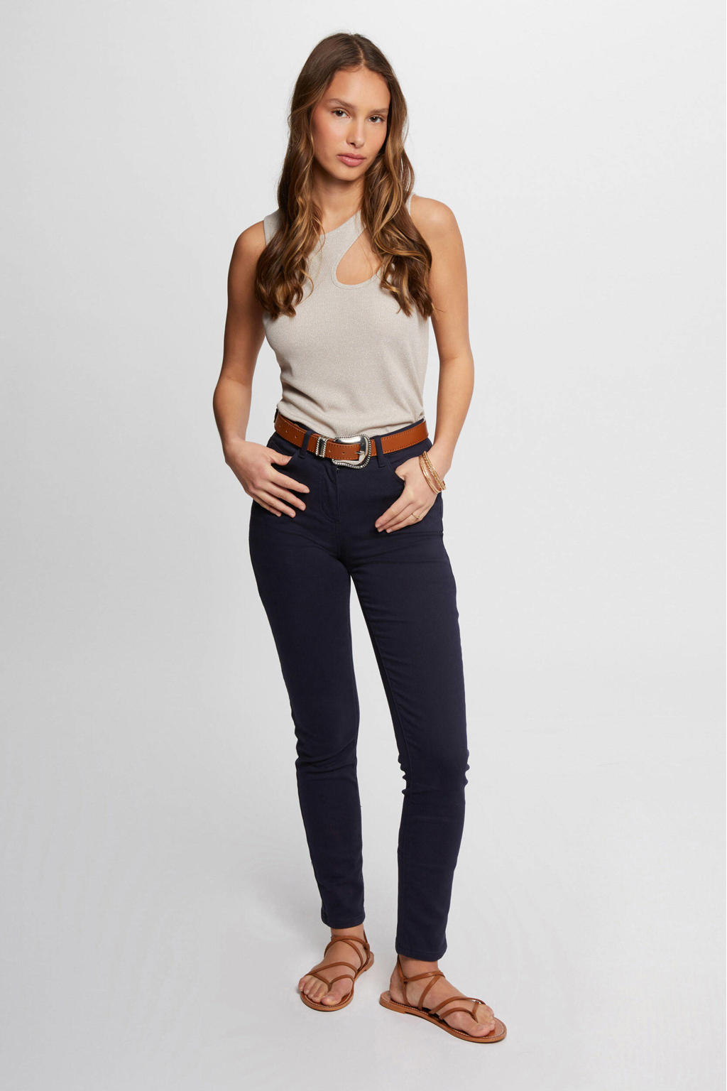 Marineblauw dames Morgan slim fit jeans blauw met regular waist en effen