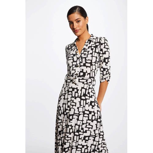 Morgan maxi jurk met all over print en ceintuur zwart/wit afbeelding