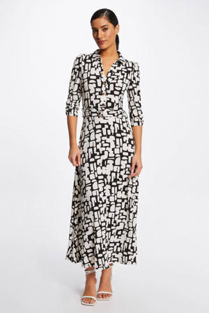 maxi jurk met all over print en ceintuur zwart/wit