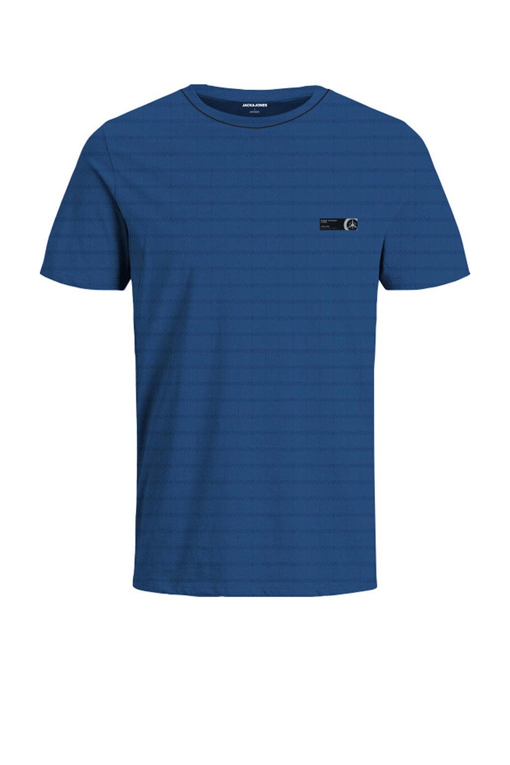 Blauwe jongens JACK & JONES JUNIOR T-shirt van sweat materiaal met logo dessin, korte mouwen en ronde hals