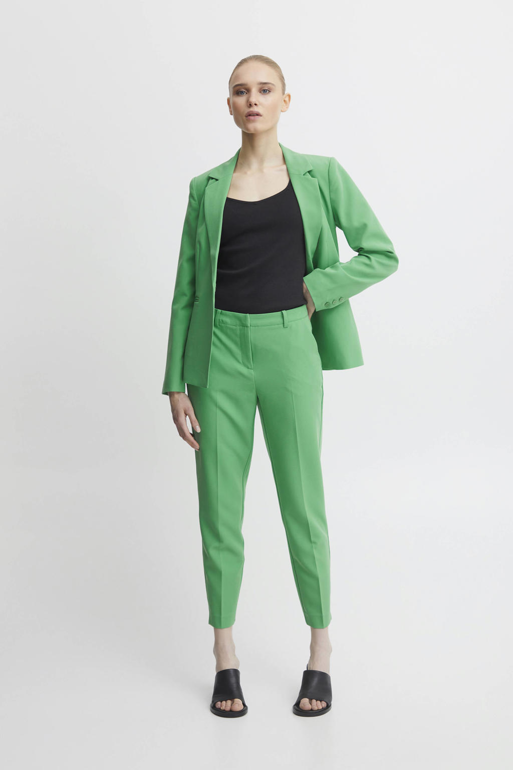 Groene dames ICHI cropped high waist straight fit pantalon van polyester met rits- en knoopsluiting