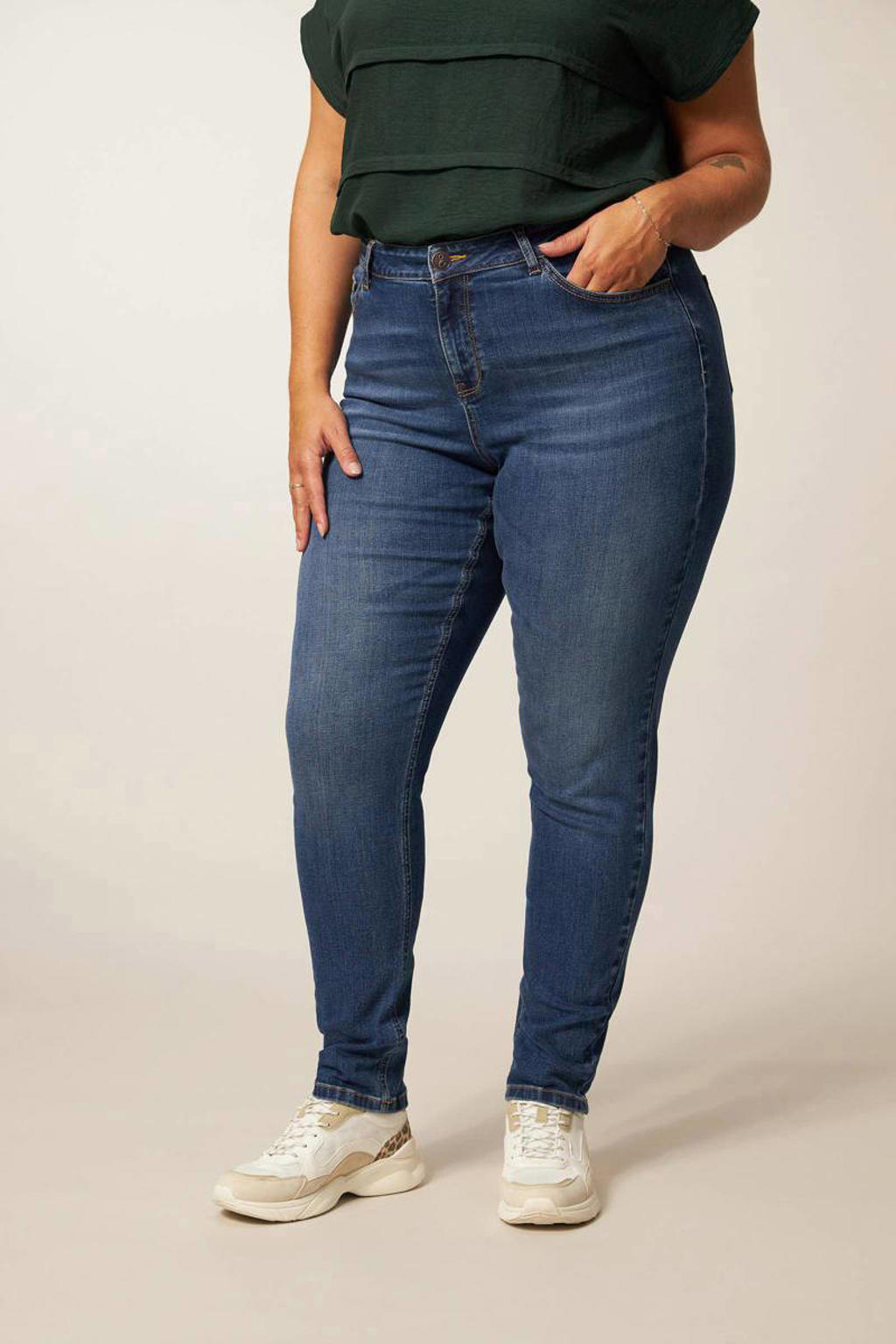 Blauwe dames Miss Etam Plus slim fit jeans Jackie van katoen met high waist en effen