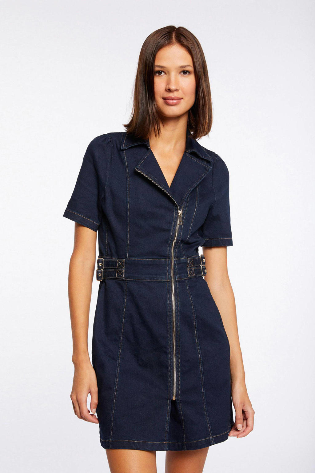 Dark blue denim dames Morgan spijkerjurk in stretchdenim met korte mouwen en reverskraag
