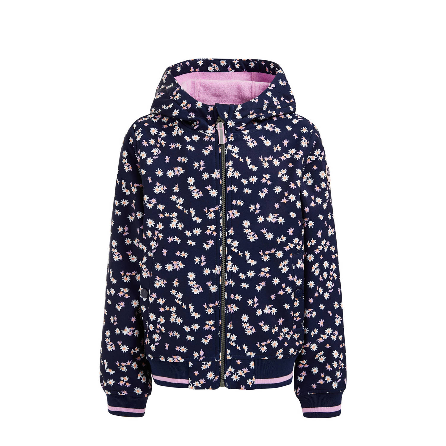 WE Fashion softshell jas met all over print donkerblauw Meisjes Polyester Capuchon 110 116