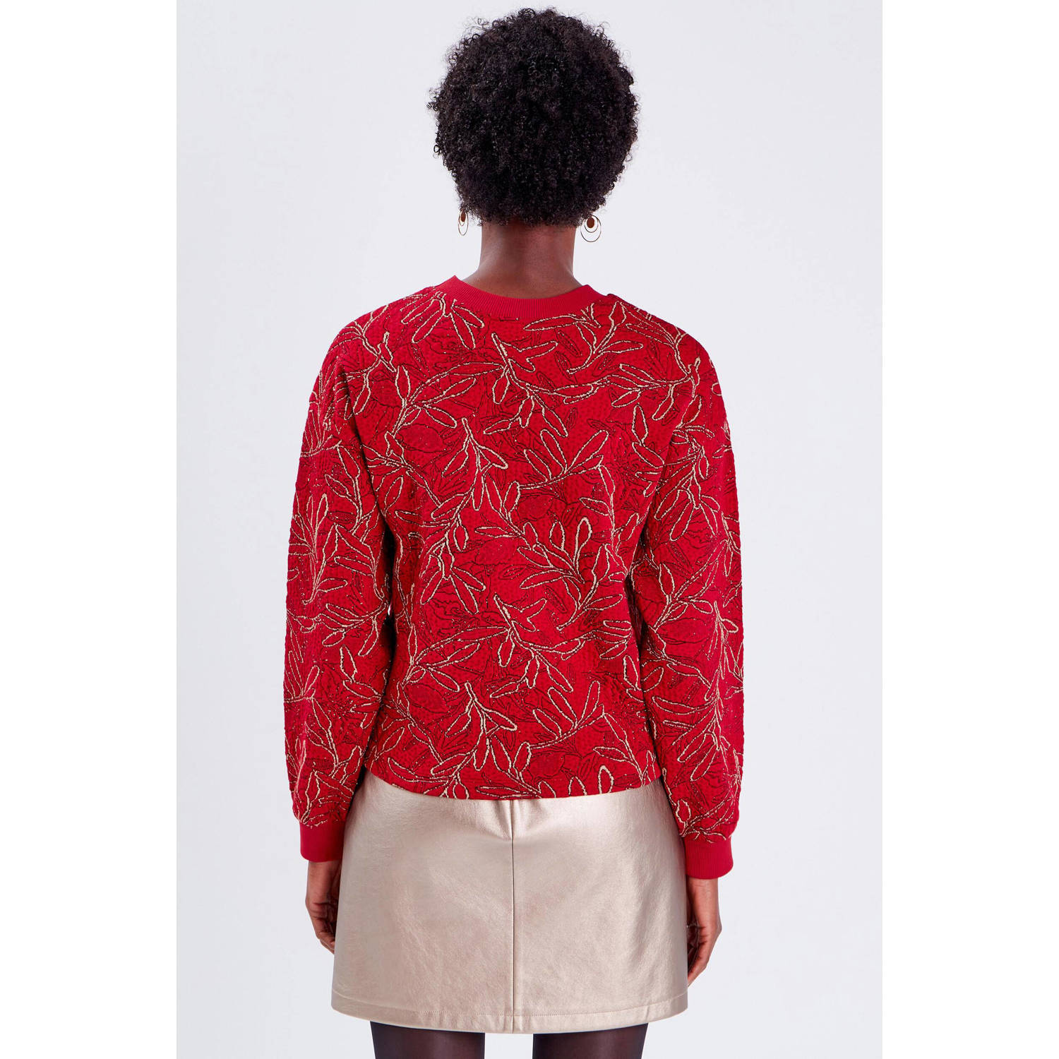 Cache sweater met bladprint en textuur rood
