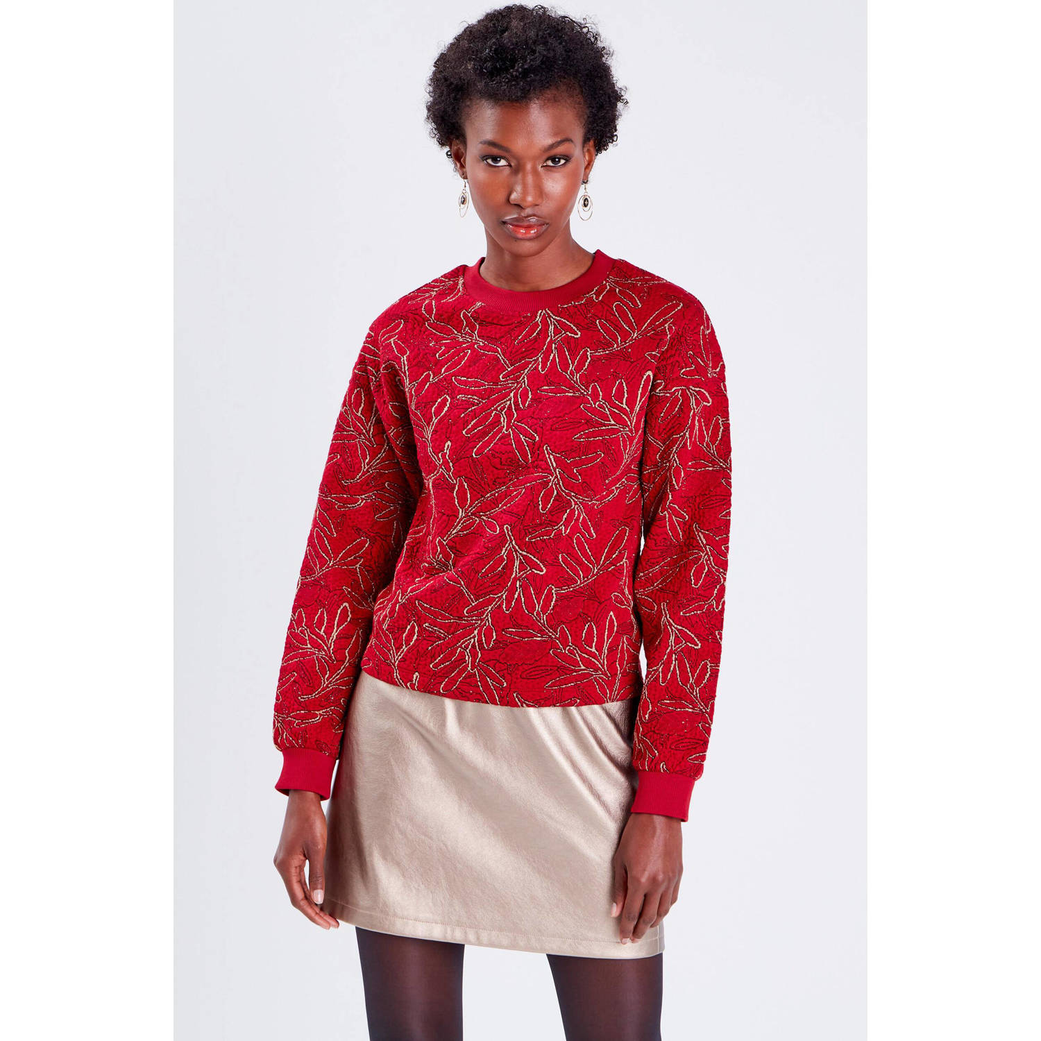 Cache sweater met bladprint en textuur rood