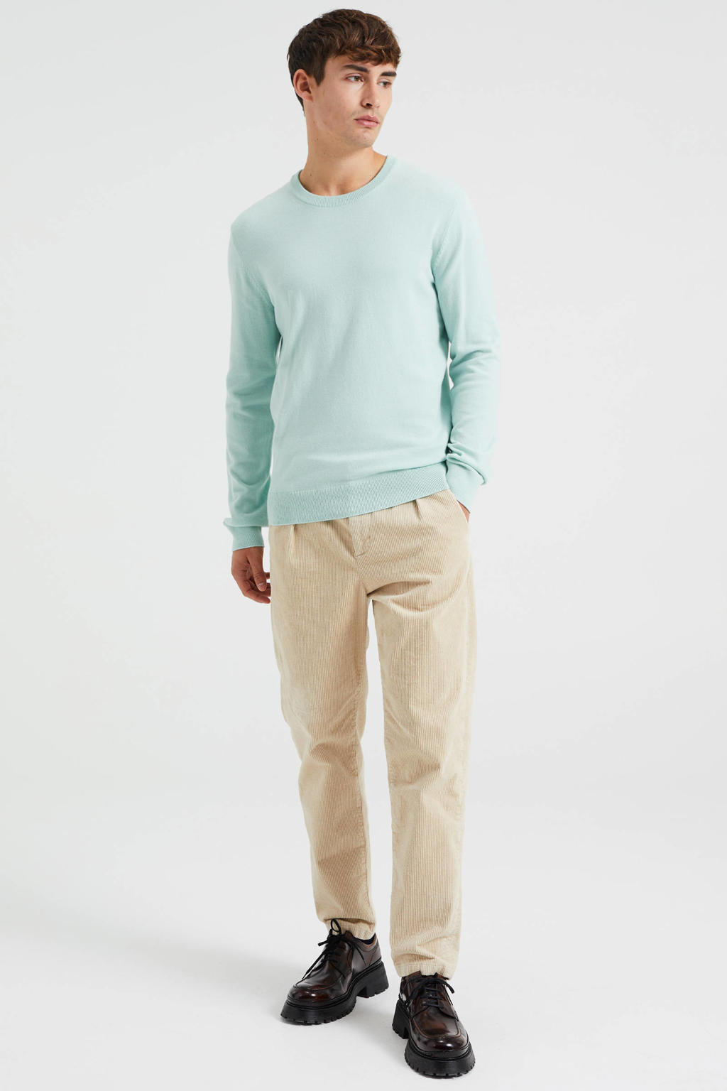 Mintgroene heren WE Fashion pullover van katoen met lange mouwen en ronde hals