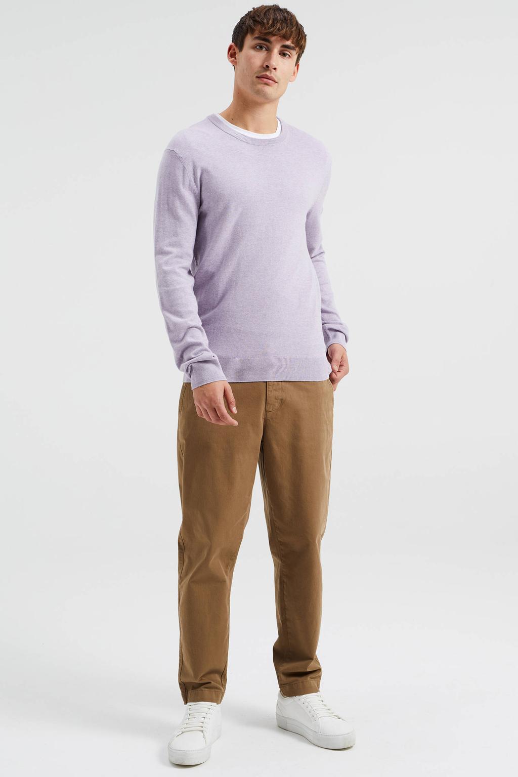 Lilakleurige heren WE Fashion fijngebreide pullover van katoen met lange mouwen en ronde hals