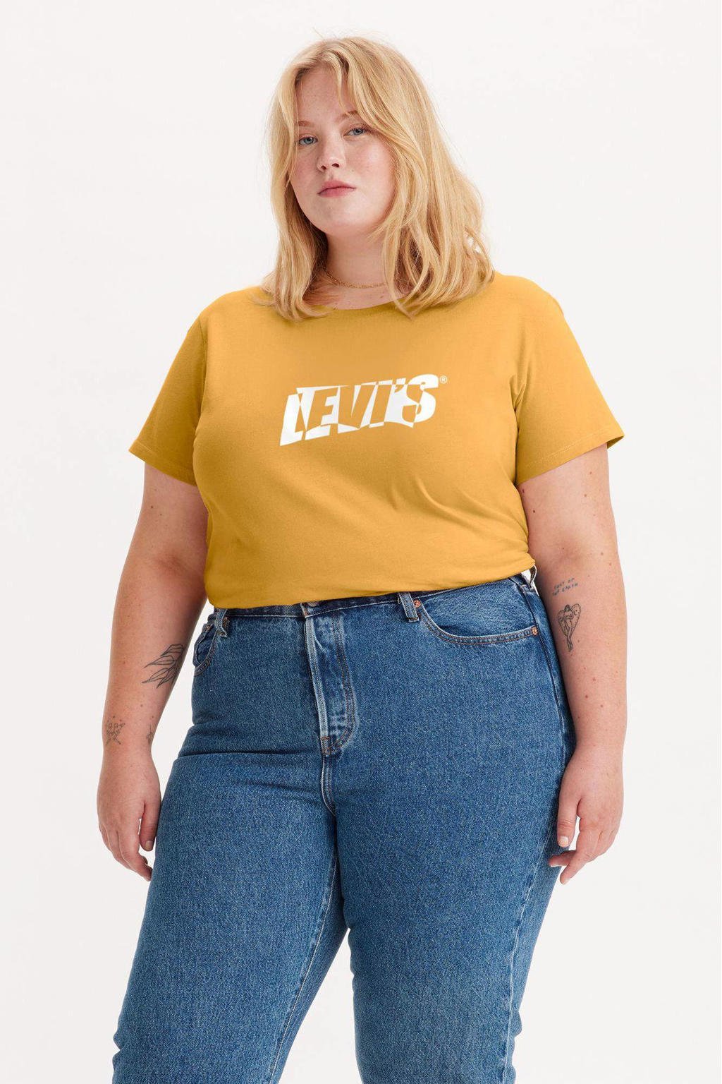 Gele dames Levi's Plus T-shirt Perfect Tee van katoen met logo dessin, korte mouwen en ronde hals
