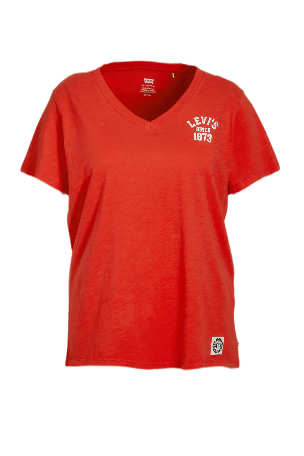 Rode dames Levi's Plus T-shirt van katoen met printopdruk, korte mouwen en V-hals