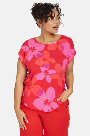 gebloemd T-shirt met linnen rood/roze/oranje