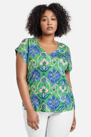 T-shirt met linnen en all over print groen/blauw/geel