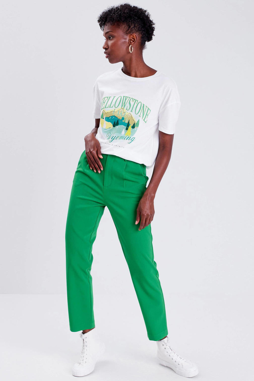 Groene dames Cache Cache high waist straight fit pantalon van polyester met rits- en knoopsluiting