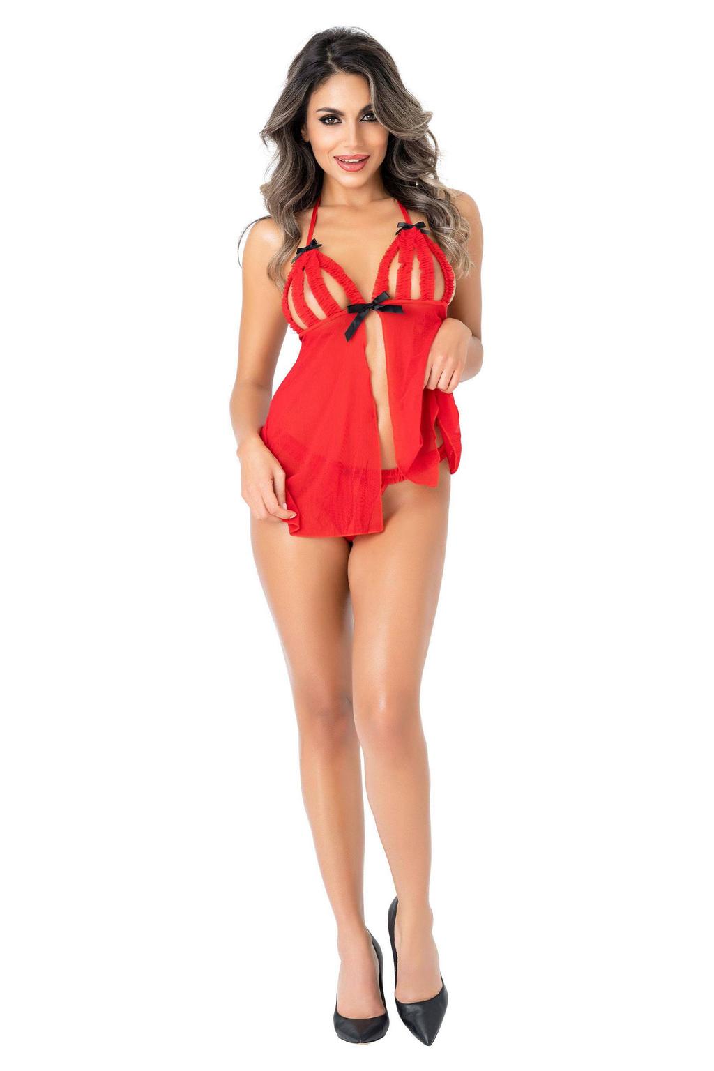 Daring babydoll en string met ruches rood