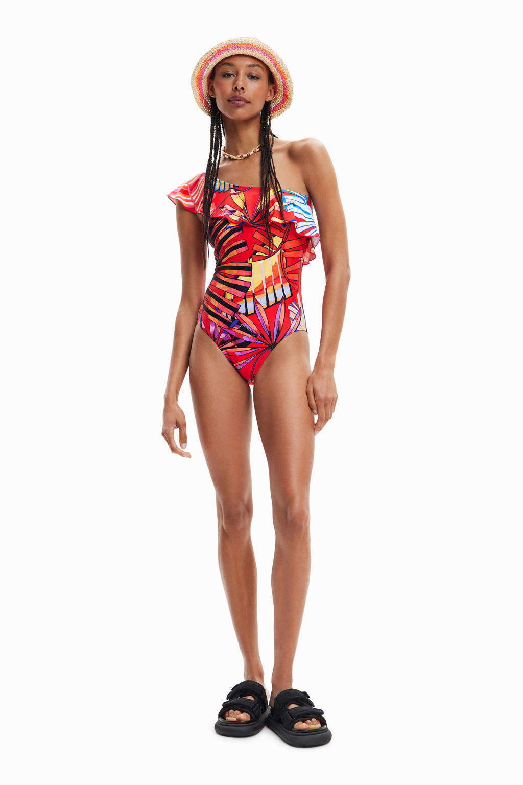 Desigual Medewi One Shoulder Frill Tropical Swimsuit 23SWMK12 main image 0