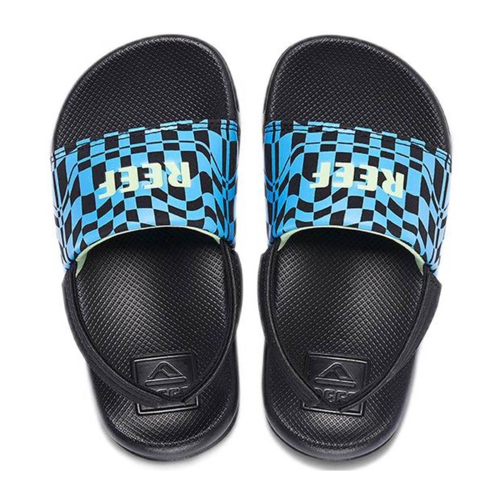 Blauwe jongens en meisjes Reef Swell Checkers badslippers met hielbandje van rubber met all over print