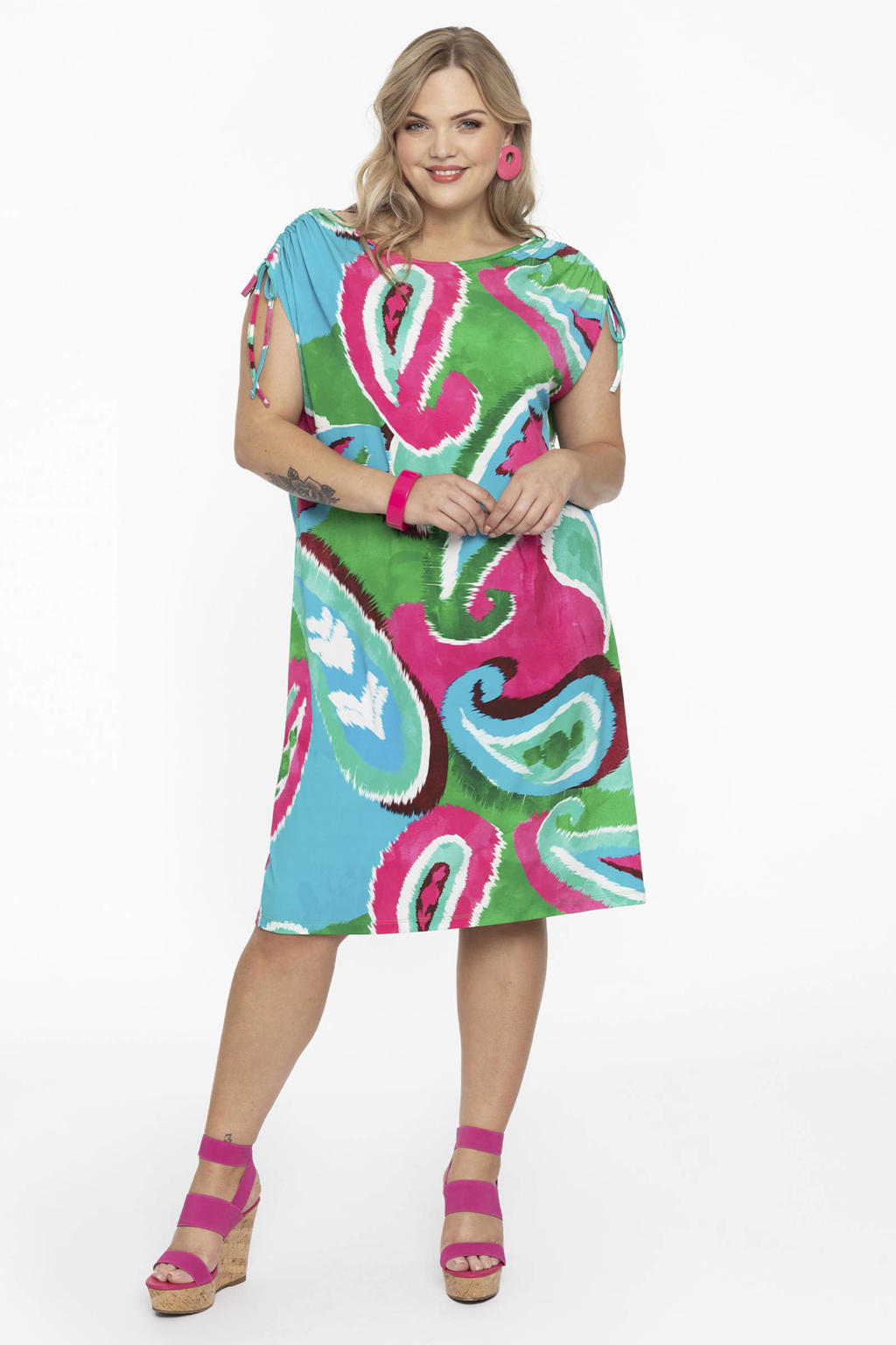 YOEK jurk DOLCE van travelstof met paisleyprint groen/roze/blauw