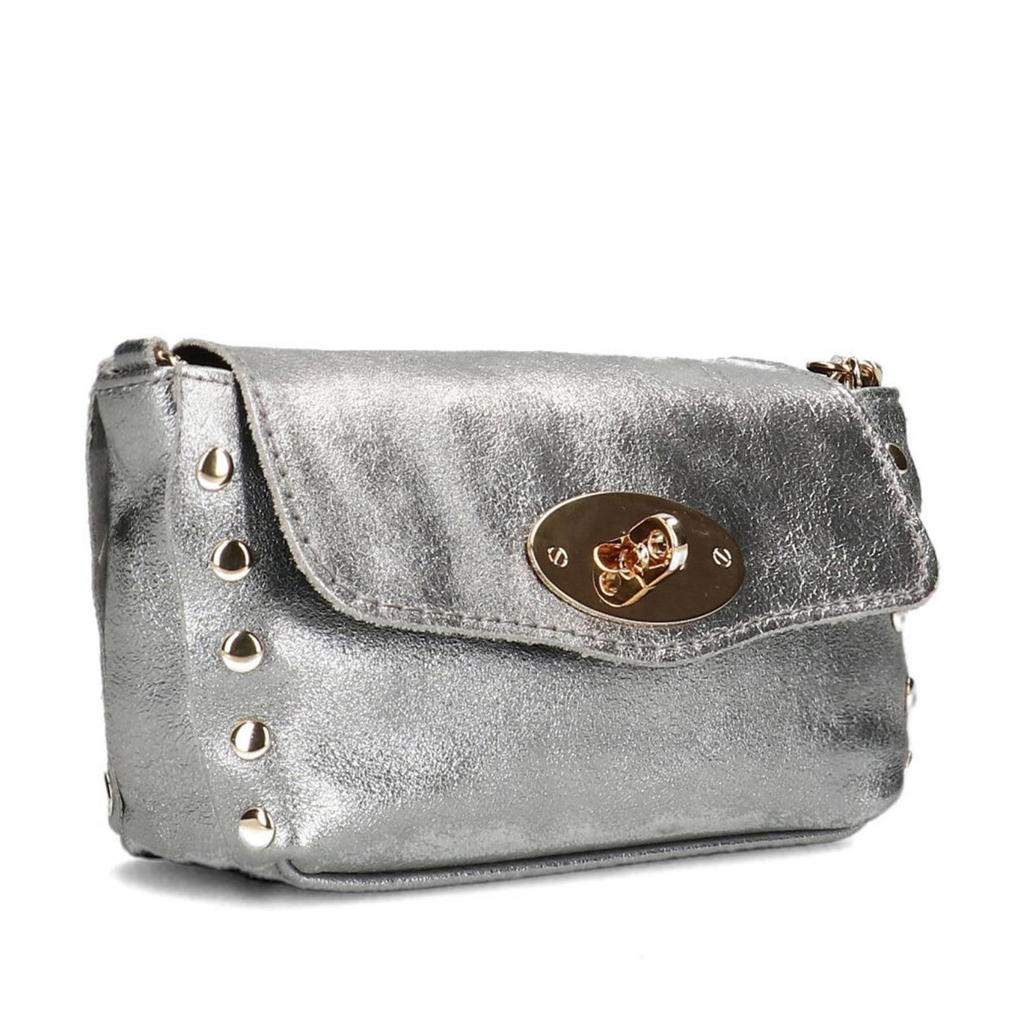 Sacha metallic leren crossbody tas met studs zilverkleurig