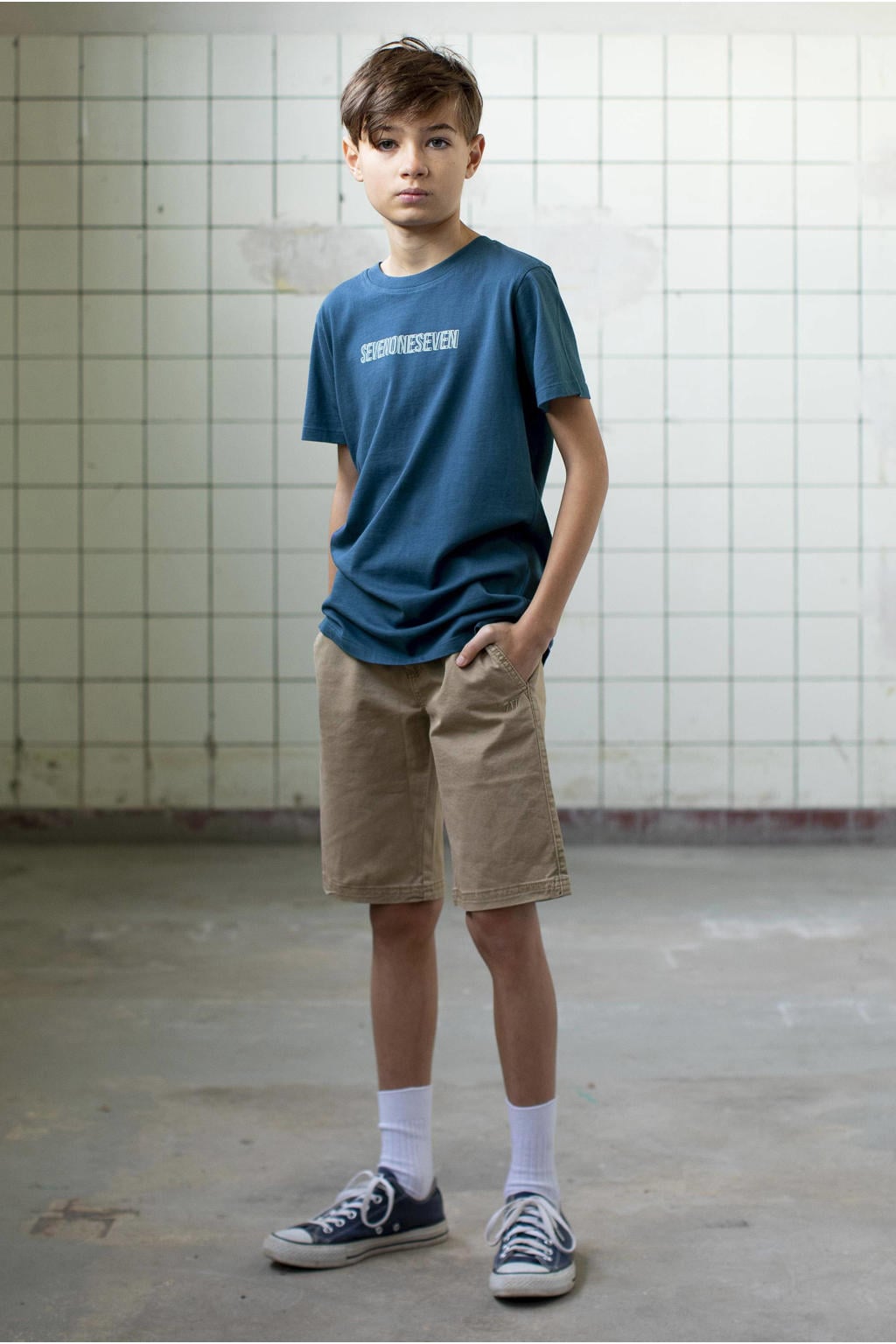 Blauwe jongens SEVENONESEVEN T-shirt van katoen met printopdruk, korte mouwen en ronde hals