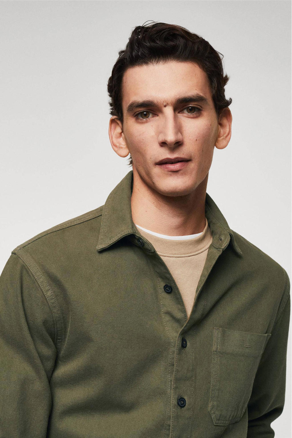 Mango Man regular fit overshirt beige kaki wehkamp
