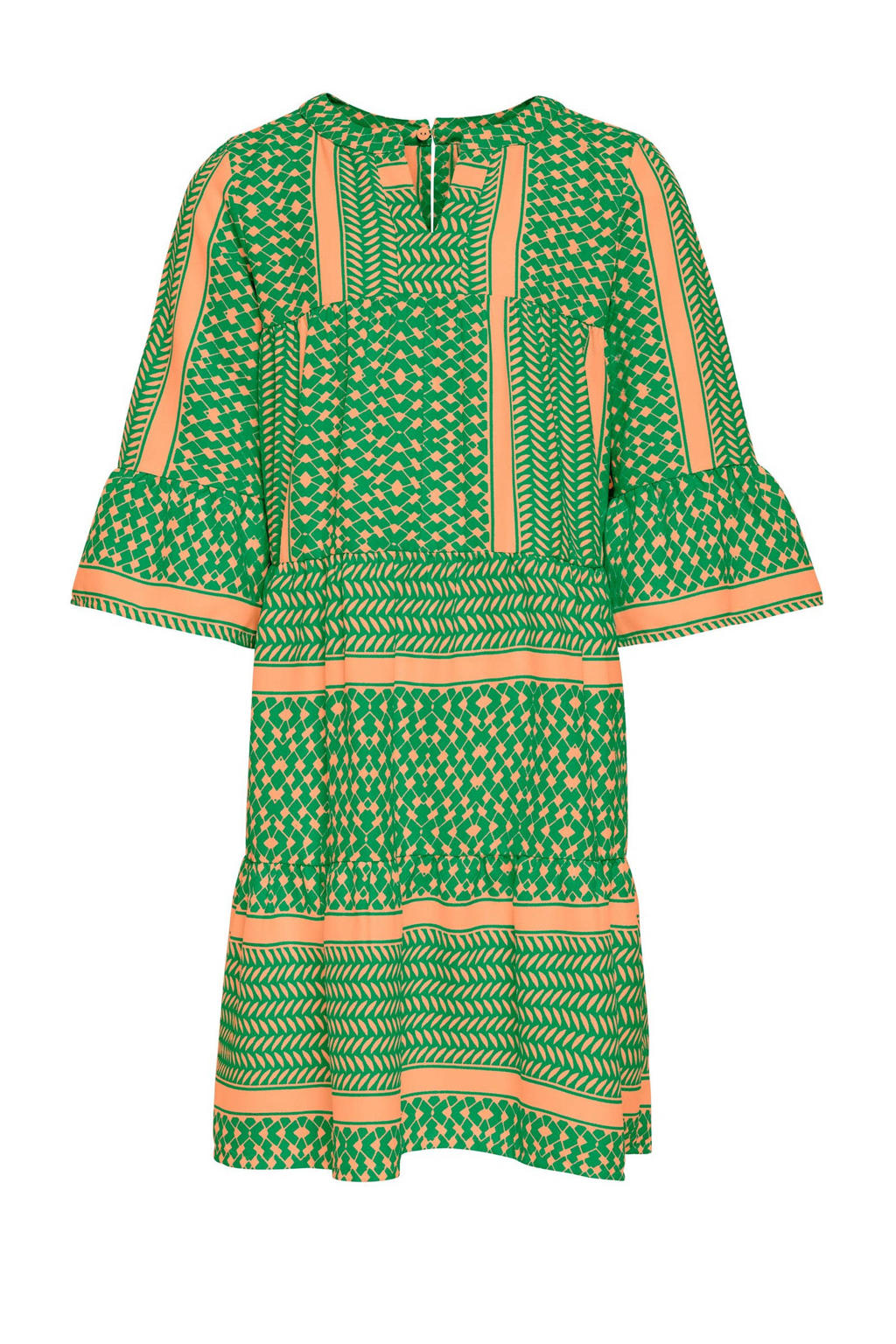 Groen en oranje meisjes KIDS ONLY GIRL A-lijn jurk felgroen met all over print, half lange mouwen en ronde hals