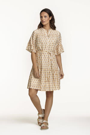 A-lijn jurk met grafische print en ruches lichtgeel/bruin