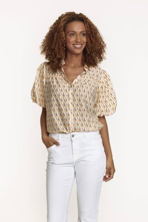 blouse met grafische print en ruches lichtgeel/bruin