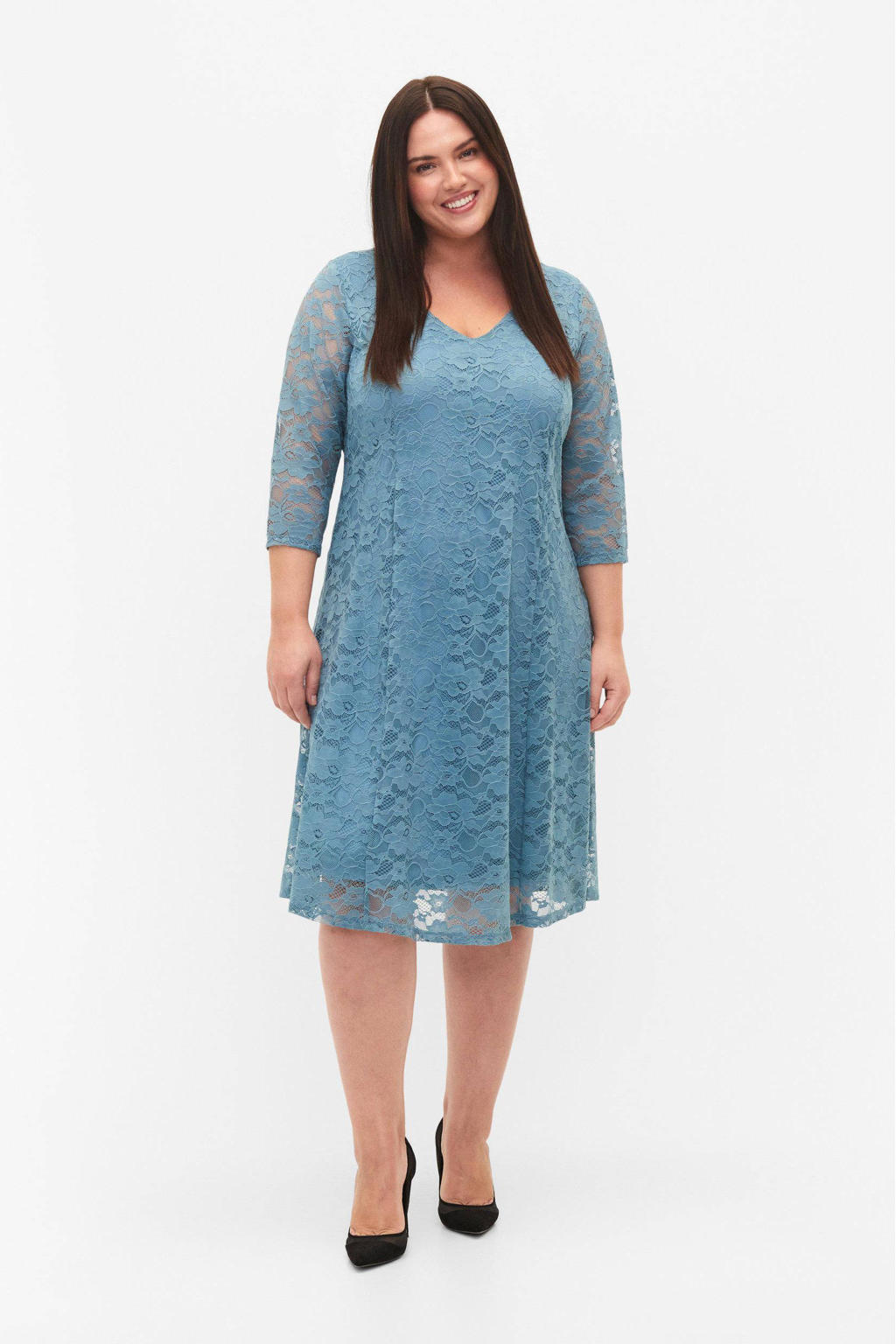 Blauwe dames Zizzi A-lijn jurk van polyamide met half lange mouwen, ronde hals, ritssluiting en kant