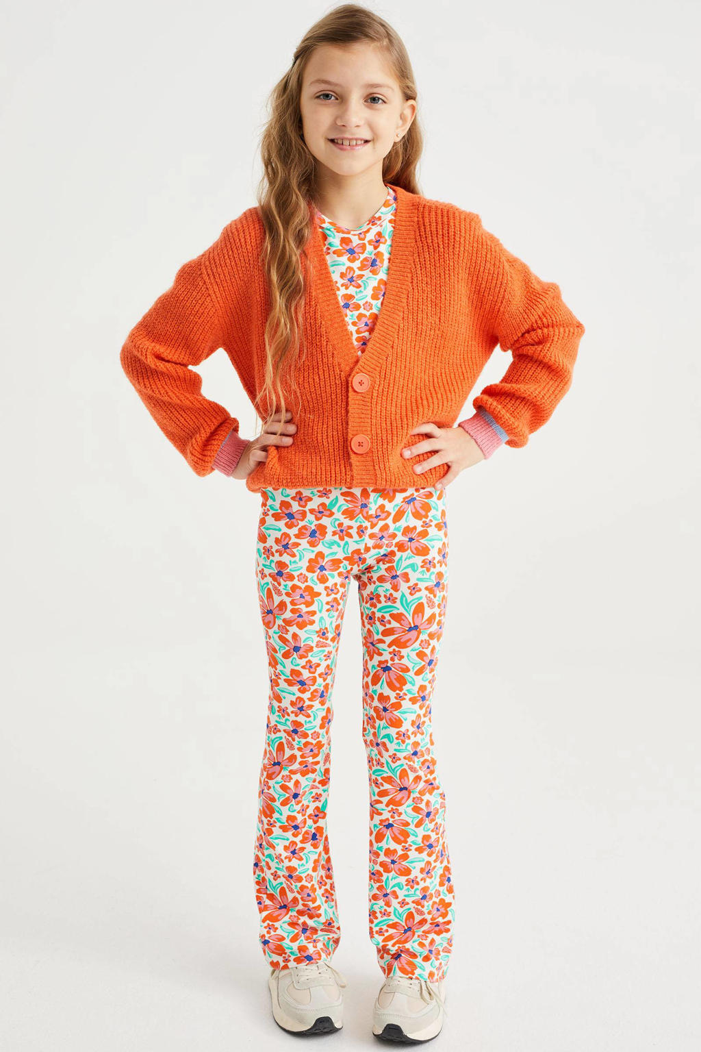 Oranje meisjes WE Fashion vest van acryl met lange mouwen, V-hals en knoopsluiting