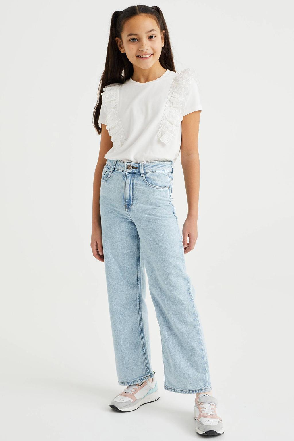 Light blue denim meisjes WE Fashion wide leg jeans van denim met regular waist en rits- en knoopsluiting