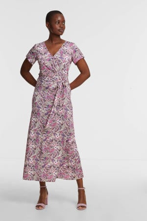 jurk Marion met paisleyprint en plooien wit/paars/fuchsia