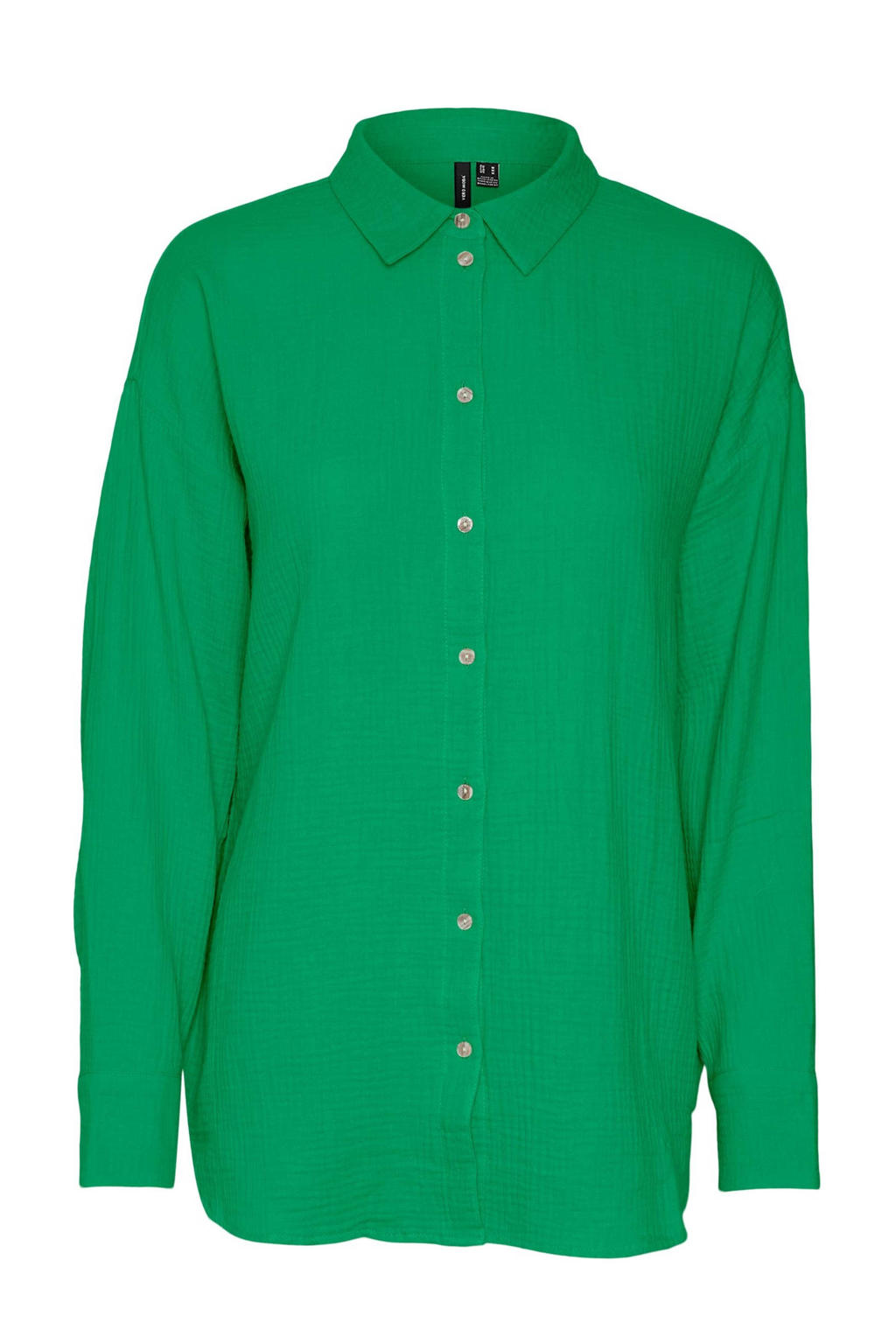 Groene dames VERO MODA blouse van katoen met lange mouwen, klassieke kraag, knoopsluiting en textuur